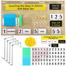 Resurhang Back to School Counting The Days with Base Ten Pocket Chart Place Value & Counting Caddie Pocket Chart for Classroom Bulletin Board School or Home Decor, 4 Hooks (Burlap Color)