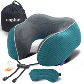 napfun Neck Pillow for Traveling, Upgraded Travel Neck Pillow for Airplane 100% Pure Memory Foam Travel Pillow for Flight Headrest Sleep, Portable Plane Accessories, Luxury Sets (Optional), Teal