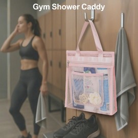 F-color Mesh Shower Caddy Portable Hanging - 3 Pockets Small Shower Bag Tote for Camping, Gym, Travel, Toiletry, Quick Dry Bathroom Essentials with S Hook, Pink