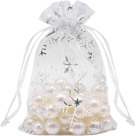50 PCS Snowflake Organza Bags for Christmas, White Organza Gift Bags White Snowflake, 10x15cm Organza Pouches with Drawstring for Christmas,Wedding Favour Jewelry Pouch Bags