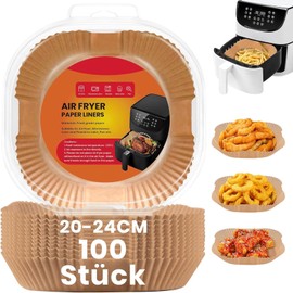 SAEIV Heißluftfritteuse Backpapier 100 Stück, Airfryer Backpapier 20-24 cm, BPA-frei, Antihaft Wasserdicht Ölfest Einwegschalen Air Fryer Baking Paper für 4.7L - 7.3L2, Quadrat