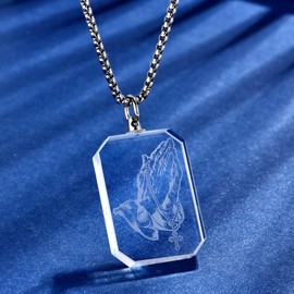 3D Crystal Photo Necklace with Praying Hands Religious Memorial Jewelry Engraved Christian Gift