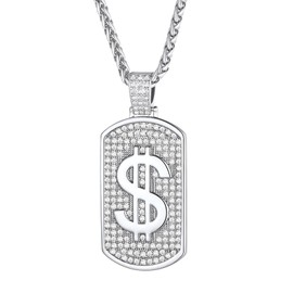 FindChic Dollar Sign Money Necklace Military Dog Tag Necklace for Men Platinum Plated Pendant Necklace Cubic Zirconia Hip Hop Jewelry 80s Chain Costume