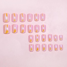 Pink Chrome Press On Nails Short Square Fake Nail Aurora Discoloration Chrome Full Cover Stick on Nails Pink Glossy Coffin False Nails for Women Manicure Decoration Glue on Nails Acrylic Nails 24Pcs