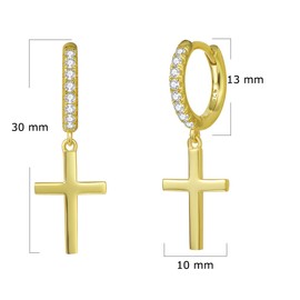 FANCIME 925 Sterling Silver with Yellow/White Gold Plated Hoop Earrings, Small Hanging Earrings with High-Gloss Polished, Sparkling Cross Pendant, Gift for Women Girls Children, Size: 30 x 10 mm, Silver, Yellow gold-plated