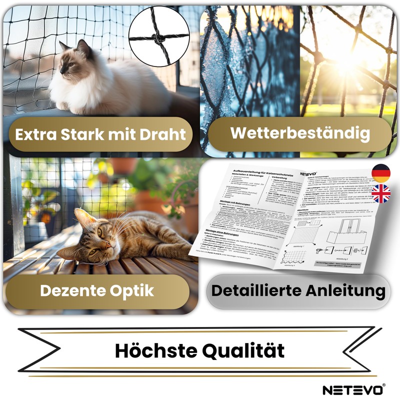 Netevo® Cat Net for Balcony, Wire Reinforced, Cat Protection Net,