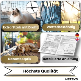 Netevo® Cat Net for Balcony, Wire Reinforced, Cat Protection Net, Includes Accessories, 3 x 4 m, Black