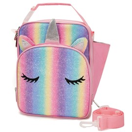VASCHY Lunch Bag for Kids, 5.5L Insulated Lunch Box Bag for Girls Lightweight Thermal Lunch Tote Bag Portable Cooler Bag with Side Bottle Pocket and Shoulder Strap for School(Rainbow Unicorn)