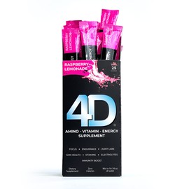4D Clean Energy Drink Mix + Electrolytes + Immune Support + MultiVitamins + Joint and Skin Support (Raspberry Lemonade Flavor, 25 Pack)
