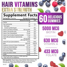Hair Vitamin Gummies with Biotin 5000 mcg | Supports Strong, Radiant Hair, Skin & Nails | Includes Vitamins C & E | Daily Dietary Supplement