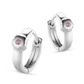 Miore hoops for Girls in 925 Sterling Silver with Flower and Pink Zirconia Gem- Round Loops for kids- Skin friendly- Gift box included