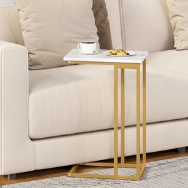 Function Home C Shaped Side Table, Narrow Sofa End Table, Small Coffee Snack Table, Laptop Table for Couch, Accent Table for Living Room Bedroom Balcony, Faux Marble Top and Gold Metal Base