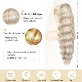 FLUFYMOOZ Ponytail Extension, 26 Inch Wavy Drawstring Ponytail Long Ponytail Hair Extension Soft Synthetic Hairpiece for Women Blonde with White Blonde Highlights