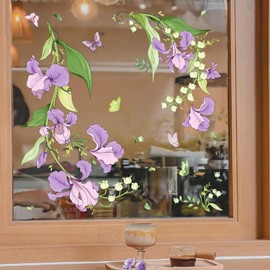 Tanlaby Purple Iris Flower Window Sticker Flowers Butterfly Window Pictures Spring Flowers Double Sided Static Anti-Collision Window Film for Window Glass Door Decoration