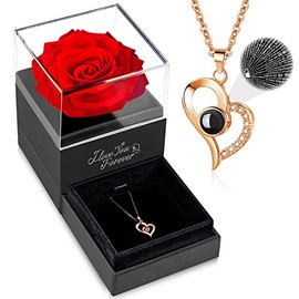 WILDLOVE Preserved Real Red Rose with I Love You Necklace in 100 Languages Birthday Gifts for Women Mom Wife her, Anniversary Romantic Gifts for Women Her Mom Wife