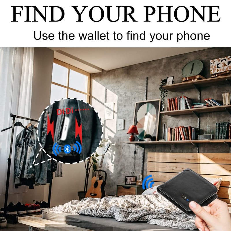 Bluetooth Wallet Tracker, Anti-Lost GPS Position Record Bifold Cowhide Leather