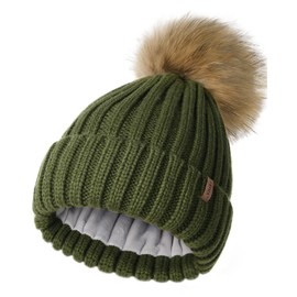 FURTALK Womens Winter Beanie Hat Fleece Lined Faux Fur Pom Pom Knitted Warm Beanie for Women Pine Green