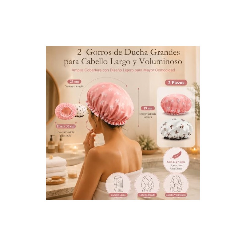2Pzs Gorro de Ducha Grande Reutilizable de Doble Capa Impermeable