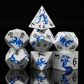 Set di dadi in metallo - Design drago, 7 dadi poliedrici per giochi di ruolo D4 D6 D8 D10 D12 D20 D00 per TTRPG (Perlmutt bianco Blu-drago)