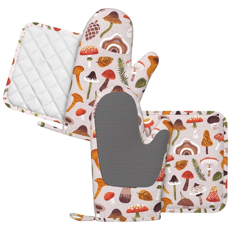 CEVIOLINRE Vintage Mushrooms Leaves Oven Mitts and Pot Holders Set