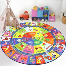 Kid's Velvet Round Rug Soft Floor Playmat for Baby, Cartoon Plush Educational Learning Have Fun Area Rug, Multifunctional Study Activity Centerpiece Play Mat (Color C, 100 * 100cm)