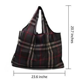 BEEFLYING 3pcs Foldable Nylon Grocery Bags Reusable Waterproof Shopping Tote Bags Tartan Pattern with Pouch and Bag Handle (52.5x60x0.15cm)