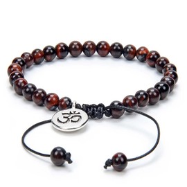 Adjustable Om Wish Bracelet Meditation Mala Prayer Beads Yoga Om Jewelry Braided with Natural Stone Mala Beads (Red Tiger Eye)