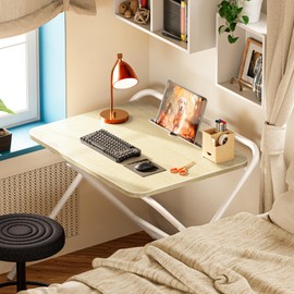 Huuger Folding Desk with 3-Level Adjustable Height and Tablet Slot, 24 Inch Foldable Computer Desk for Small Spaces, Space Saving, Writing Work Table for Home Office, Bedroom, Study, Oak