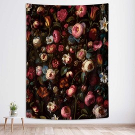 SAOLUIS Floral Tapestry, Vintage Floral Tapestry Black Boho Floral Tapestry Wall Hanging, Rose Wall Tapestry for Dorm Bedroom Living Room Home Decor 60X80 Inch, Pink-1