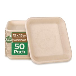 Berry Green 50 Platos Compostables, Charolas Cuadradas 100% Biodegradables, Material de Alta Calidad, Resistente a Líquidos, Hecho de Fibras de Caña de Azúcar de 15.3 cm (6 Pulgadas) Color Natural