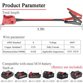 Jumper Cables Compatible with Milwaukee M18 Battery, 3.3FT 8AWG Portable Battery Jumper Starter Automotive Booster Cables Power for Car Jump Starting Using Tool