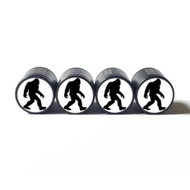 Bigfoot Sasquatch Silhouette (White Background) Tire Valve Stem Caps - Black Aluminum - Set of Four