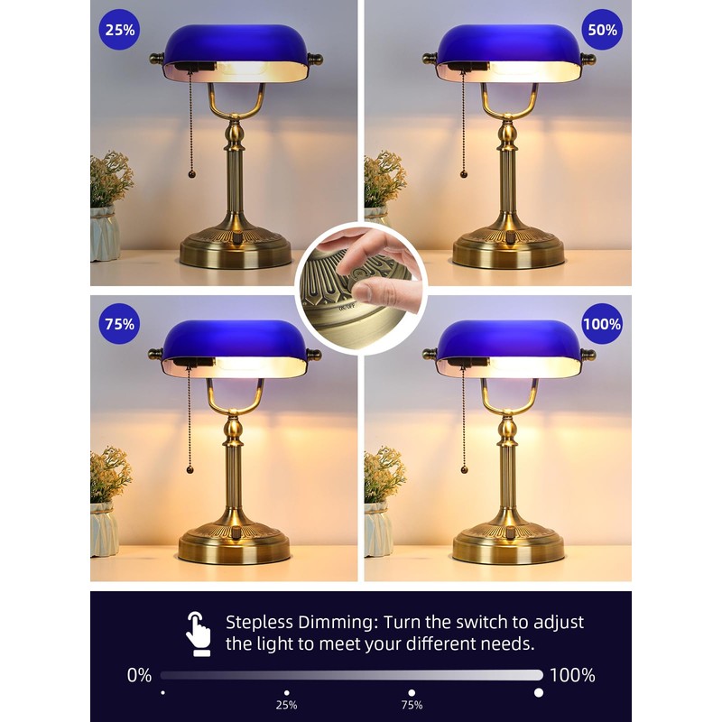 Newrays Blue Glass Bankers Desk Lamp, Stepless Dimmable Table Lamp