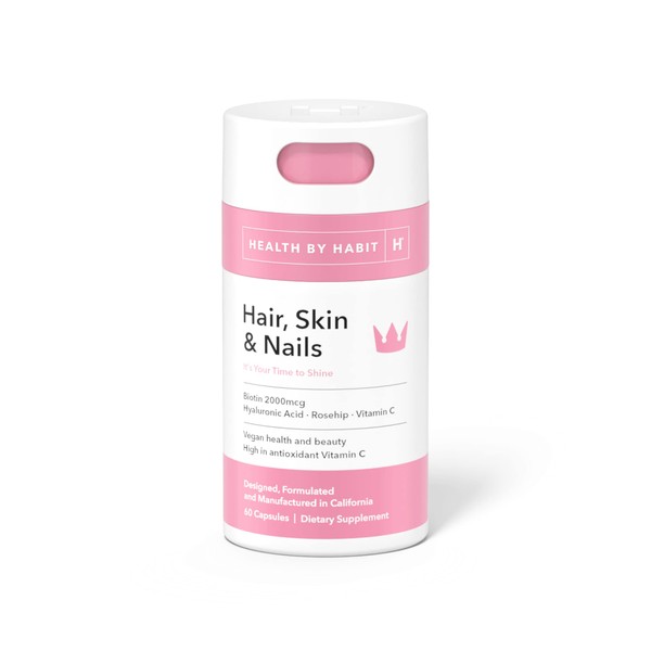Health By Habit Hair, Skin and Nails Supplement (60 Capsules) - Biotin 2000mcg, Vitamin A, Vitamin B, Vitamin C, Hyaluronic Acid, Rosehip, and Alo Vera, Vegan, Non-GMO, Sugar Free (1 Pack)
