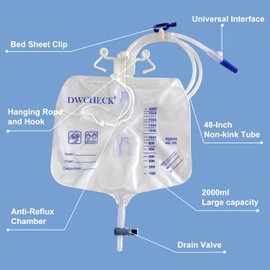 DWCHECK DWCHECK 5 Pack Urinary Drainage Bag with Anti-Reflux Chamber,2000mL Urine Bags with 48" Tube Drainage,Splash-Resistant Drain Spout,Clips and Hanging Hook,Disposable Urine Bags for Men
