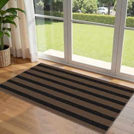 Othilic - Tapete para puerta delantera para entrada interior, 2 x 4.3 pies, color negro, tostado, lavable, a rayas, para entrada al aire última intervensión, porche, alfombra antideslizante en capas