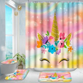 Poedist 4 Pcs Bathroom Shower Curtain Set,Kids Bathroom Sets with Rugs(Bath Mat,U Shape and Toilet Lid Cover Mat) and 12 Metal Hooks,Multicolor Cute Flowers