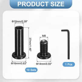 sourcing map 10 Sets Binding Post Screw, M8x18mm Bolts Female 10x37mm Hex Drive Socket Cap Screw Rivets Chicago Screws Furniture Bolts Stainless Steel with Wrench for Furniture Repair, Black