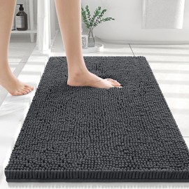 smiry Chenille Bath Mat, 40 x 60 cm, Non-Slip Super Absorbent Bathroom Mat Extra Soft Fluffy Bath Mats for Bathroom Thick Machine Washable Bathroom Floor Mats Rugs, Dark Grey