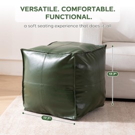 Unstuffed Pouf Cover, 17.7" Faux Leather Poofy Ottoman Cover, Square Footstool For Storage Living Room Decoration Foot Rest, Footrest for Bedroom Balcony Office Chair, (Only Cover, No Filler), Green