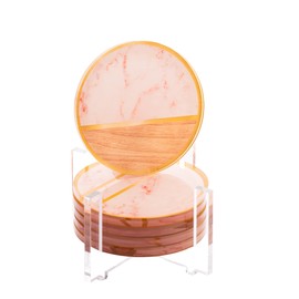Coasters Set of 6 Acrylic Drink Coaster - Cute Acrylic, Durable and Stylish Cup Holders for Home, Kitchen, Office - Perfect Decor and Protection for Tables - Pink Marble Wood