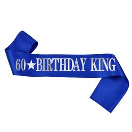 Conggluuo 60th Birthday Sash, 60 BIRTHDAY KING' Birthday Sash for men Blue Sash with Silver Foil Letter 60th Birthday sash for men Party Decorations Favors Blue Silver