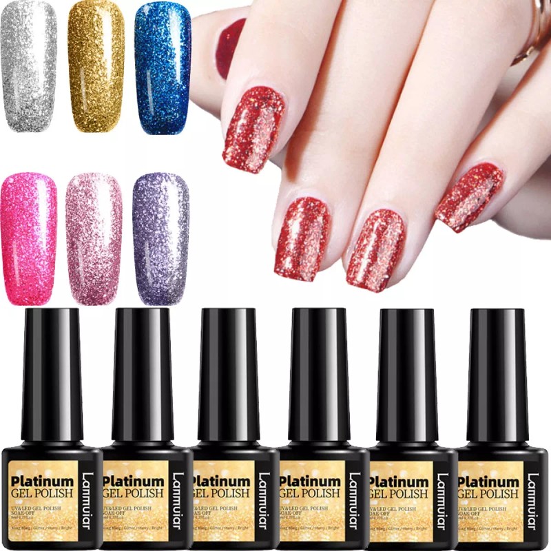 MM11 Esmaltes De Uñas Gel Con Purpurina Dorada Plateada 6