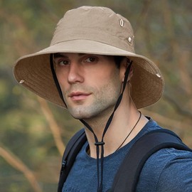 JFAN Sun Hat Men Women Fishing Hat UV Protection Safari Hat with Drawstring Boonie Hat for Outdoor Hiking Fishing, beige