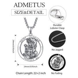 ADMETUS Saint Florian Necklace 925 Silver St Florian Fire Brigade Pendant Chain Saint Florian Necklace Saint Florian Fire Brigade Pendant Chain Medal Jewellery Gifts for Men, Sterling Silver, No