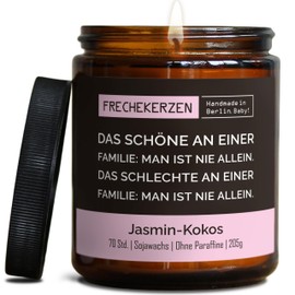 Lustige Deko Duftkerze für die Familie | Handgemacht aus Sojawachs | In Geschenkbox | Nachhaltiges Gast Geschenk | Mama Papa Eltern Tischdeko Wohnzimmer |Jasmin-Kokos