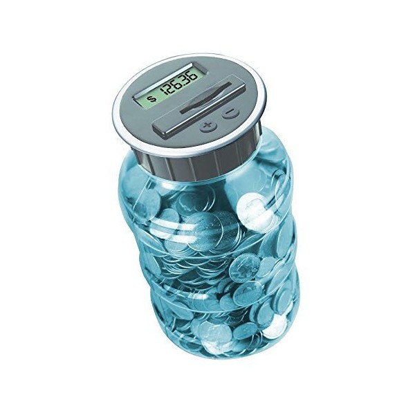 Teacher's Choice Digital Coin Counter Pennies Nickles Dimes Quarter Savings Jar | Transparent Blue Coin Bank w/ LCD Display