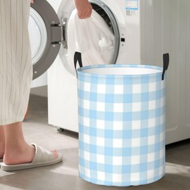 Blue and White Checkered Large Laundry Basket,Collapsible Laundry Hamper With Handle Room Decor,Round Waterproof Dirty Clothes Hamper Toy Organizer Storage Basket Gift for Home Bedroom Bathroom Decor