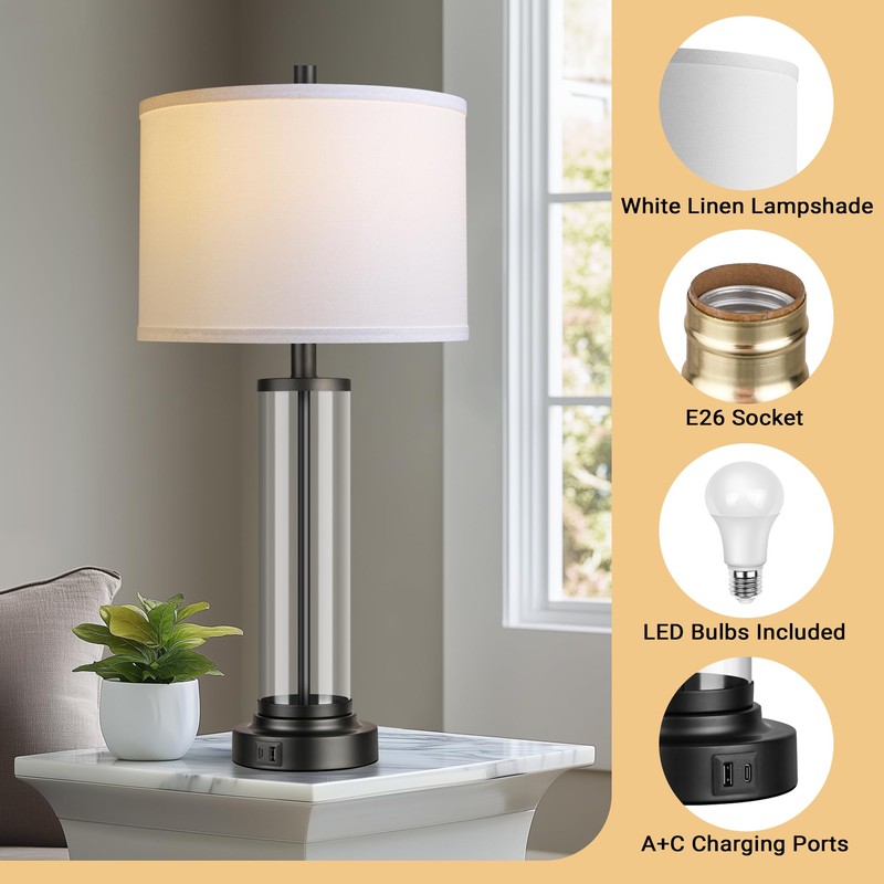 Glass Table Lamps Set of 2, Modern Black Dimmable Beside