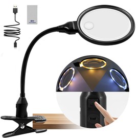 10X 15X Magnifying Glass with Light and Clamp Upgraded, Large Clip Magnifier Lamp with 3 Color Lighting Modes, Flexible Gooseneck Desk Lamp Hands Free for Close Works, Crafts, Hobby